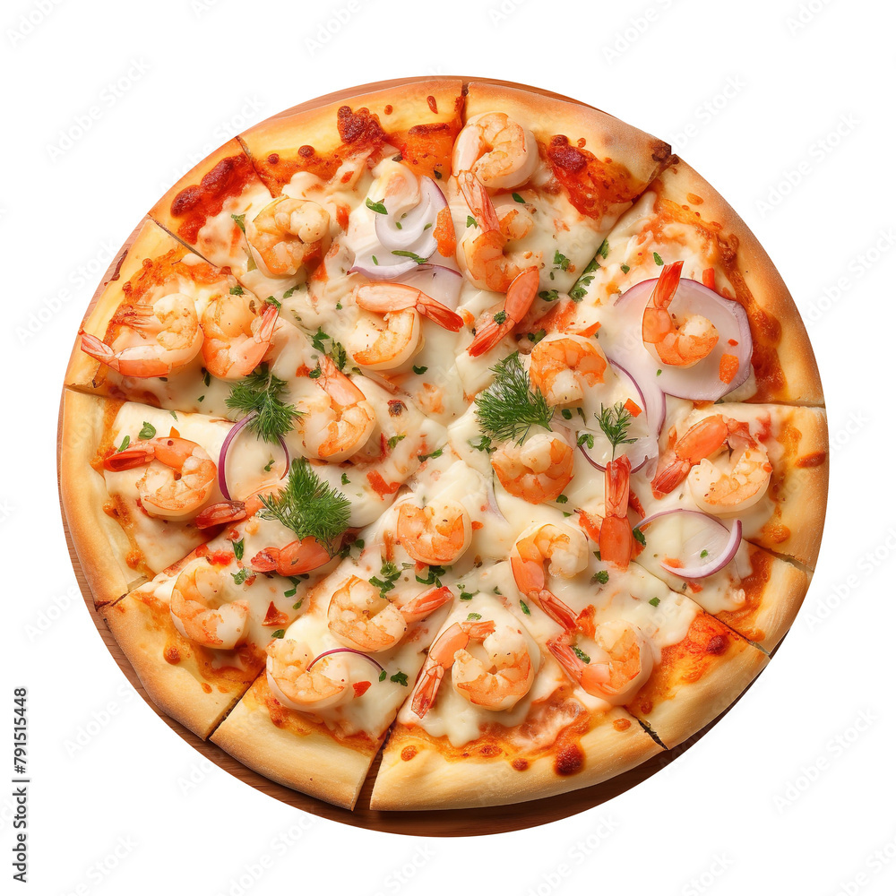 Tasty Shrimp Scampi Pizza Isolated On White Background Tasty Shrimp Scampi Pizza Isolated On White Background