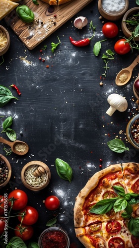 Top view of a delicious pizza surrounded by various fresh ingredients on a dark surface.