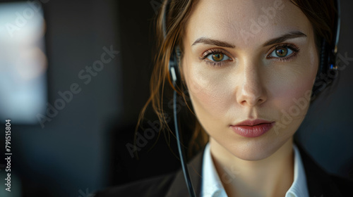 Close up Portrait of a professional woman dressed in an elegant suit working as a call center manager, looking in the camera