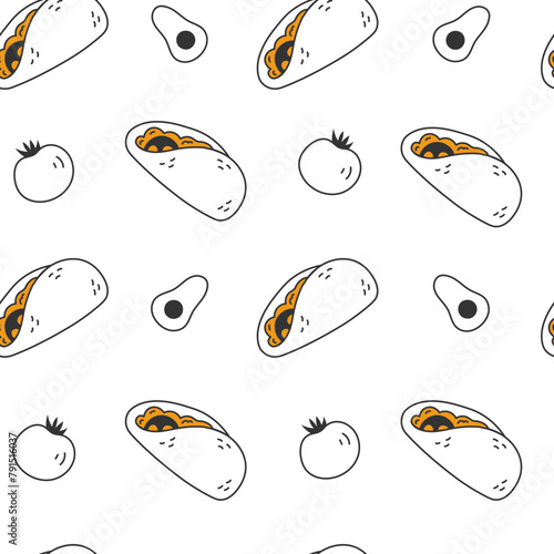 Tacos seamless pattern with tomato avocado doodle style. Hand drawn Mexican food background with line vegetables ingredients. Repeat vector illustration for wrapping paper