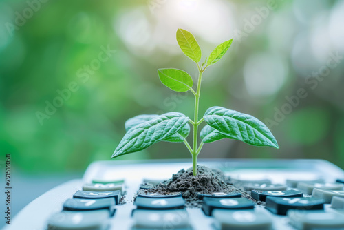 A plant growing out of a calculator, symbolizing profitable sustainability efforts