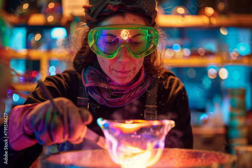 Female Glassblower Crafting with Fire in a Glassmaking Studio 