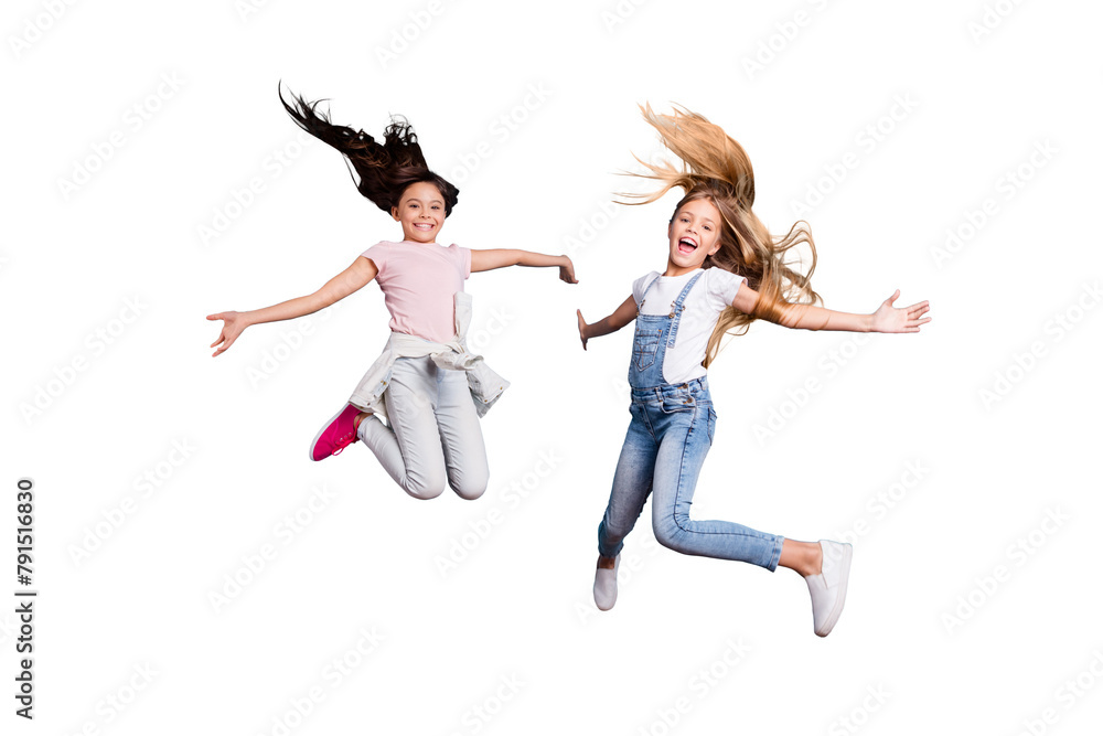 Full length body size view of two people nice lovely attractive cheerful straight-haired pre-teen girls having fun day daydream yes goal achievement free time isolated on blue background Full length body size view of two people nice lovely attractive cheerful straight-haired pre-teen girls having fun day daydream yes goal achievement free time isolated on blue background