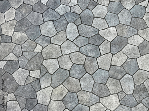 Seamless flagstone outdoor paving textures, or cobblestone cut flat in random pieces, grey, light grey, charcoal color. Monochrome stone slabs. Pavement and landscape paving stone background photo