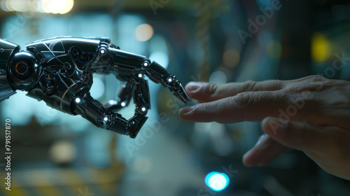 Conceptual image of a human finger delicately touching a robot's metallic finger, representing the harmony between humans and AI technology. Blurred technology background. photo