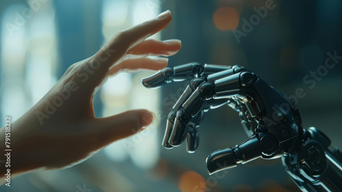 A human finger gently touches a robot's metallic finger, symbolizing harmonious coexistence of humans and AI technology. Blurry technology background.
