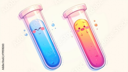 Illustration of two test tubes featuring cartoon mascots with cheerful smiles and contrasting sad expressions depicted in a 2d format and isolated against a white backdrop photo