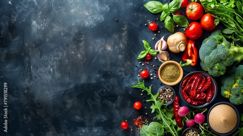 Assorted fresh vegetables and spices on a dark textured background with copy space