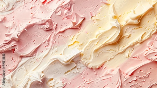 Close-up view of swirled pink, white, and beige cream textures.