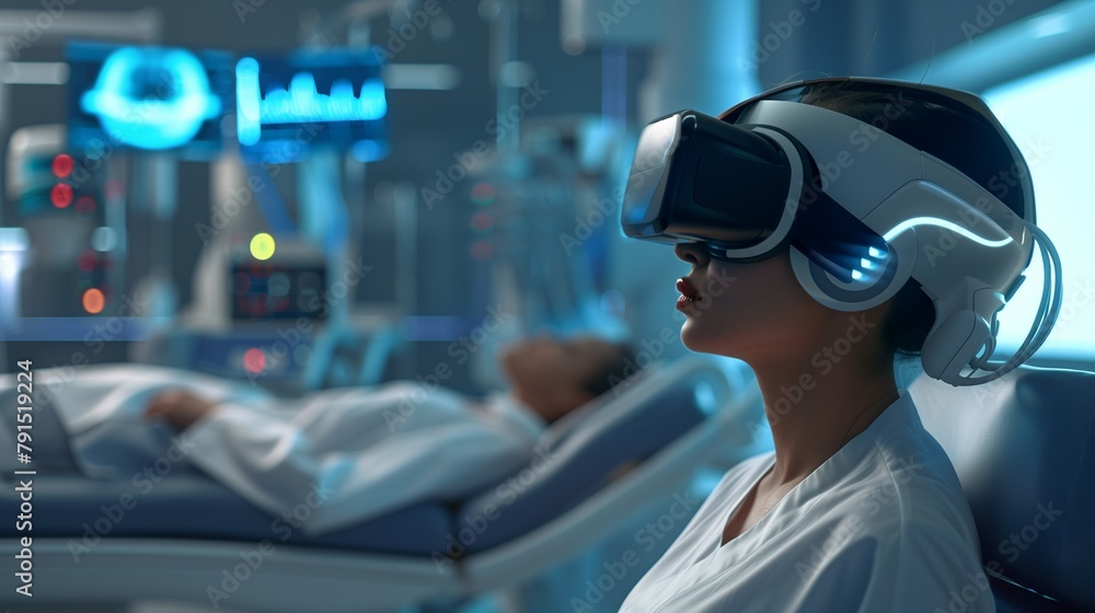 A scene showing the use of virtual reality therapy in pain management, showcasing innovative practices in medical treatment. A scene showing the use of virtual reality therapy in pain management, showcasing innovative practices in medical treatment.