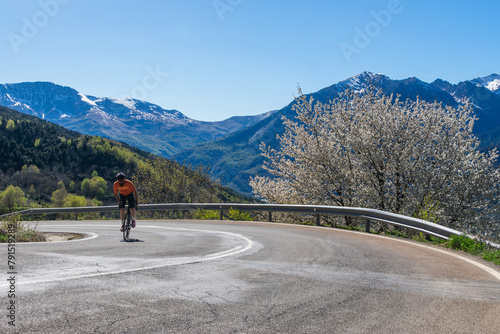 Man cycling with flowering tree next to him.
