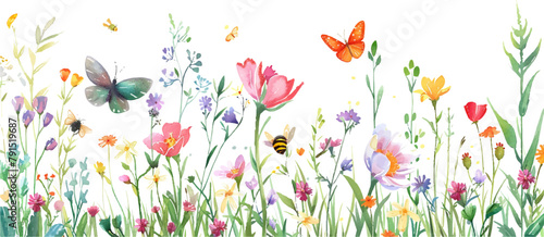 Beautiful wild meadow with flowers, butterflies and bees vector illustration on a white background
