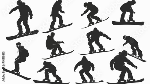 Black silhouettes snowboarders on white background