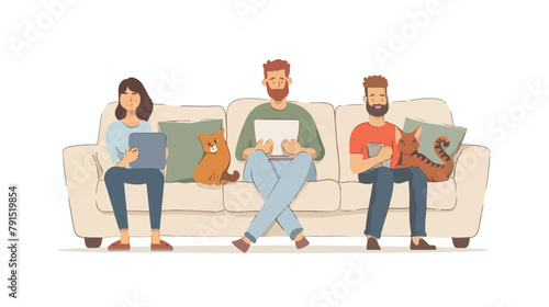 Man woman and cat sitting on the sofa with gadgets. vector