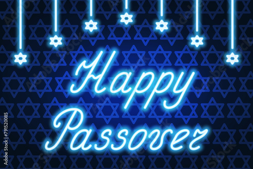 Happy Passover. Blue cursive neon lettering. Garland of shining stars. Color vector illustration. Blue background from stars of David. Congratulations on Jewish Passover. Glowing holiday text.