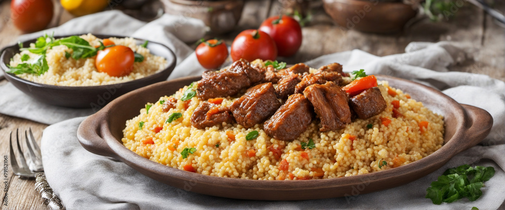 Tasty Meal, Tajin with couscous, vegetables and meat