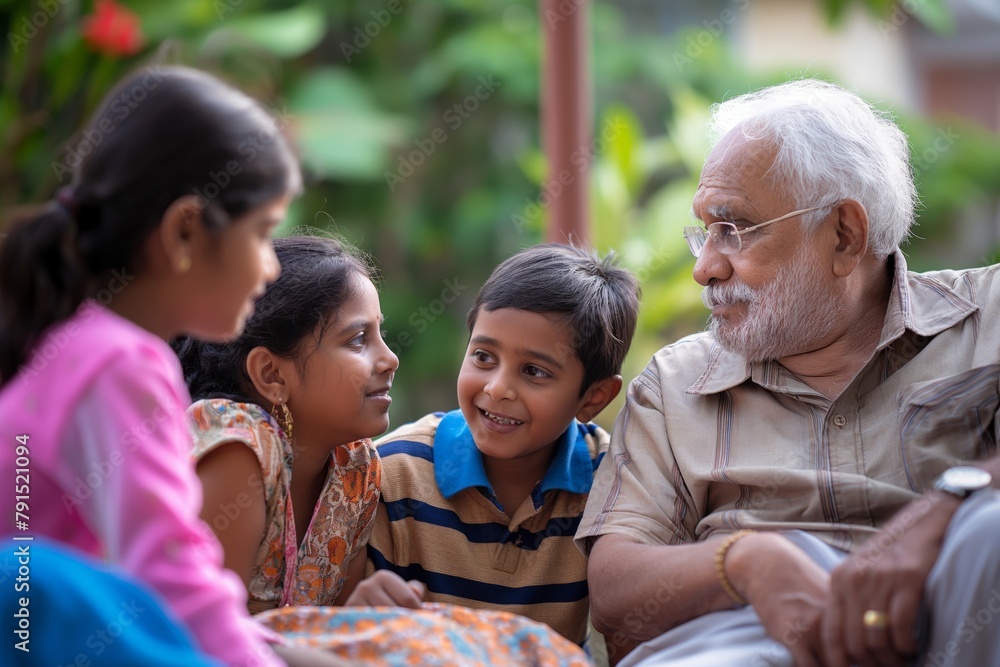 Indian grandparents with grandchildren in garden