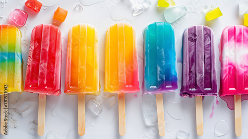Colorful popsicles melting on a white surface with ice cubes around