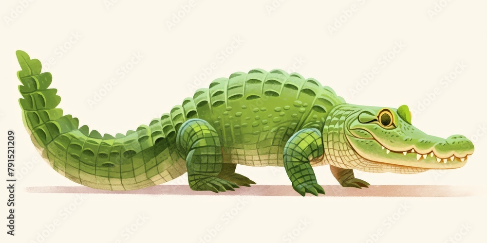 Obraz premium A cartoon alligator smiling with its eyes closed and walking on four legs.