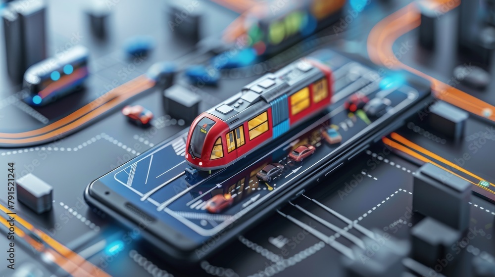 Naklejka premium A 3D rendering of a toy train on a smartphone screen with a futuristic city backdrop.