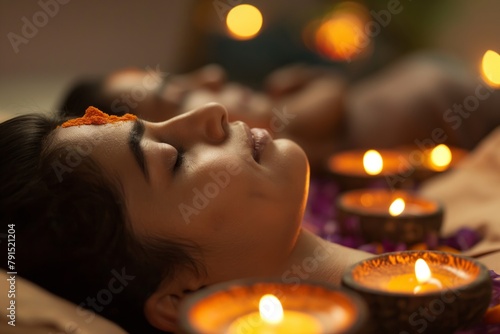 Close-up of an indian person during a serene essential oil therapy with candles and flowers