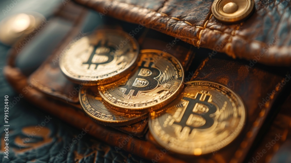 A close up of a brown leather wallet with several gold Bitcoin coins spilling out of it.