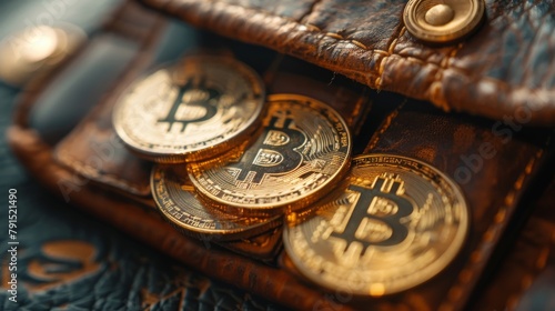 A close up of a brown leather wallet with several gold Bitcoin coins spilling out of it. © Nawarit