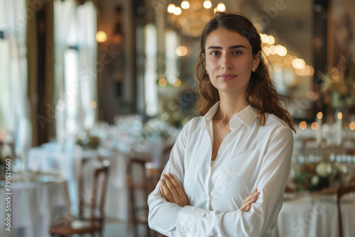 Portrait of a poised event planner, standing in an elegant venue, arms crossed, orchestrating the details for a memorable occasion. Looking into the camera