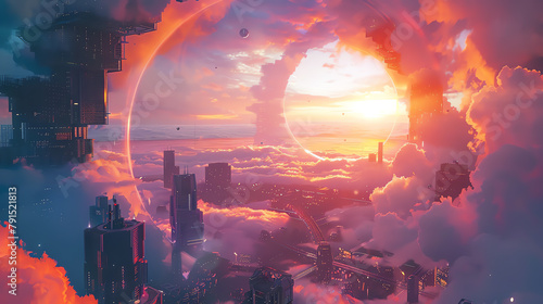 Capture a surreal sunset over a futuristic cityscape, incorporating swirling clouds and sharp geometric architecture from an impossible angle photo