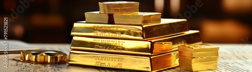 Closeup of rich gold bars stacked against a backdrop of wealth management books, highlighting themes of prosperity and solid investments