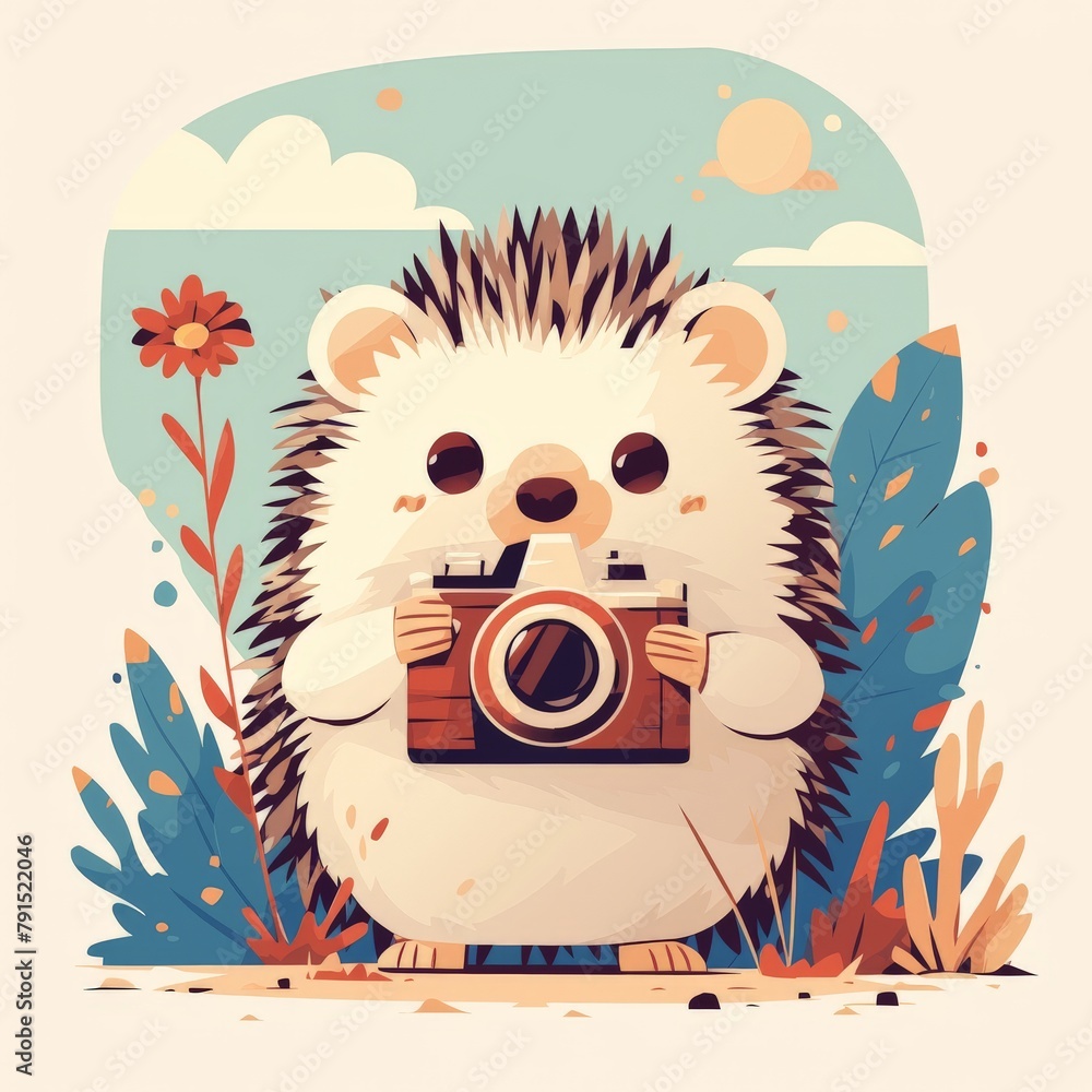 Fototapeta premium A cute cartoon illustration of a baby hedgehog holding a camera in a whimsical nature scene with flowers and plants.