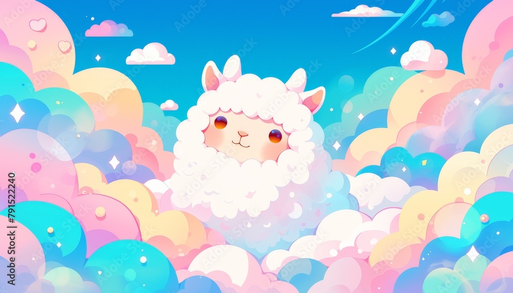 Naklejka premium A cute cartoon llama surrounded by pastel clouds