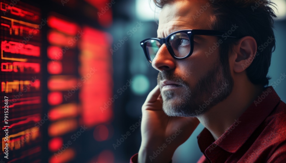 Closeup of a trader s tense expression with vibrant red market data reflected in his glasses, illustrating the high stakes and volatility of stock trading Closeup of a trader s tense expression with vibrant red market data reflected in his glasses, illustrating the high stakes and volatility of stock trading