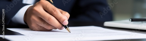 Closeup of a persons hands signing a bankruptcy filing, the pen and the stark paperwork foregrounded, emphasizing the gravity and finality of the legal decision photo