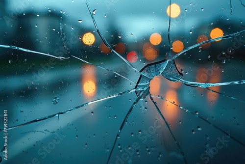 Close-up view of raindrops on a window pane with a visible crack in the center
