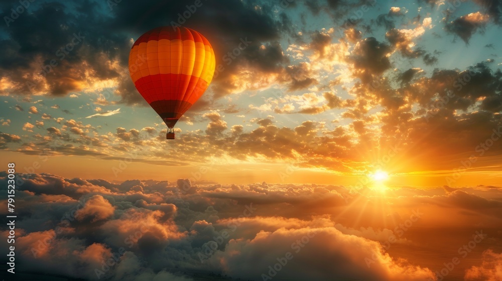 Obraz premium Hot air balloon against the sunrise, a tranquil ascent into the beauty of a new day AI Generative.