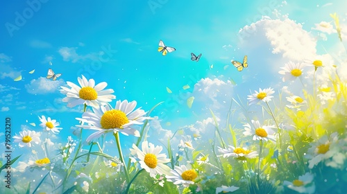 Beautiful field meadow flowers chamomile and violet wild bells and three flying butterflies in morning green grass in sunlight, natural landscape. Delightful pastoral airy fresh artistic image nature. photo