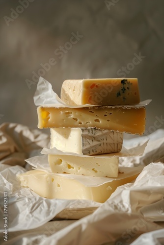 A variety of gourmet cheeses stacked on crumpled paper with a moody backdrop