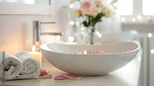 A stylish white bathroom featuring a vessel sink, roses, and candles, setting a romantic and Zen-like mood.