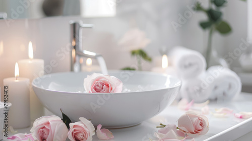 A stylish white bathroom featuring a vessel sink, roses, and candles, setting a romantic and Zen-like mood.
