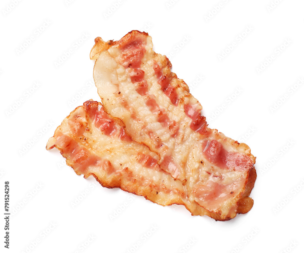 Delicious fried bacon slices isolated on white, top view Delicious fried bacon slices isolated on white, top view