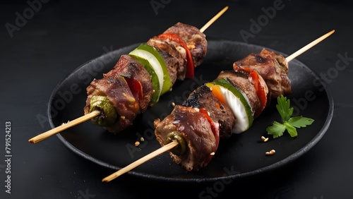 Mouthwatering meat and vegetable skewers displayed on a black plate