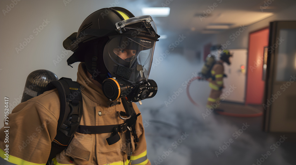 Fototapeta premium A firefighter using augmented reality glasses to see through smoke during a rescue operation.