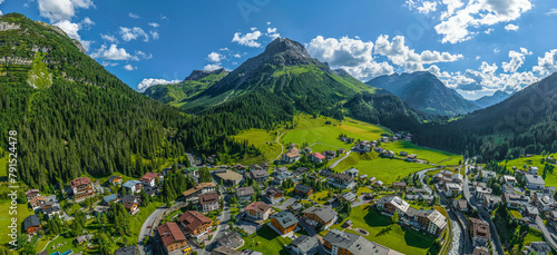 Lech am Arlberg, alpines Urlaubsziel in West-Österreich im Sommer von oben photo