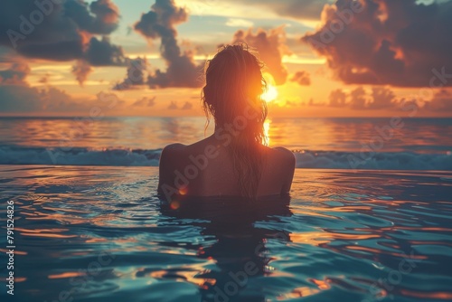 Striking silhouette of a woman in the ocean  engulfed by waves and sunset light casting golden hues