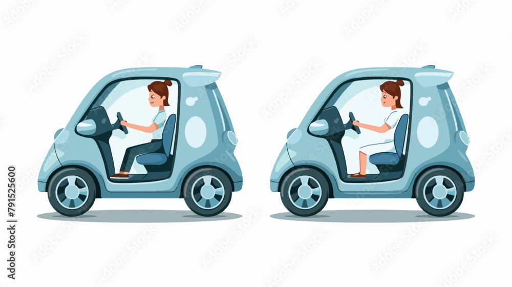 Micro car two angle set. Car with driver woman side vector