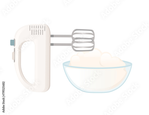 Electric mixer with beating eggs bowl baking kitchenware vector illustration isolated on white background