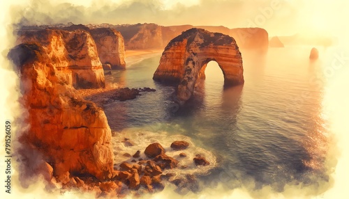 Watercolor painting of Albandeira Arch, Portugal photo