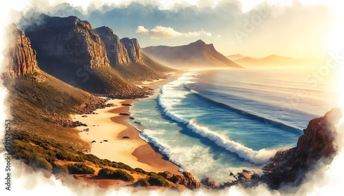 Watercolor painting of Dias Beach at Cape Point, South Africa