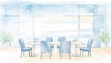 A serene image of a philanthropic meeting room with soft blue decor, where charitable foundations strategize on generous giving and support initiatives